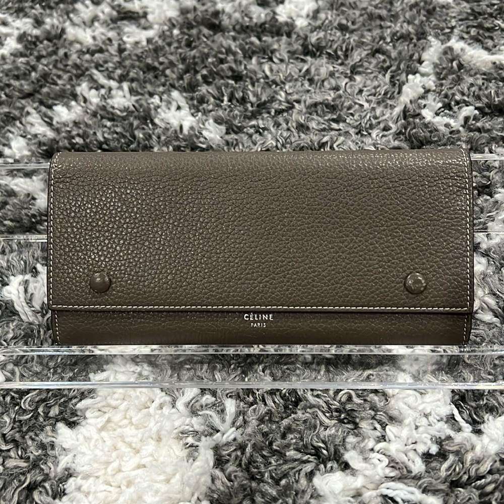 Authentic CELINE Calfskin Leather Souris Gray Yellow Large Flap Long Wallet
